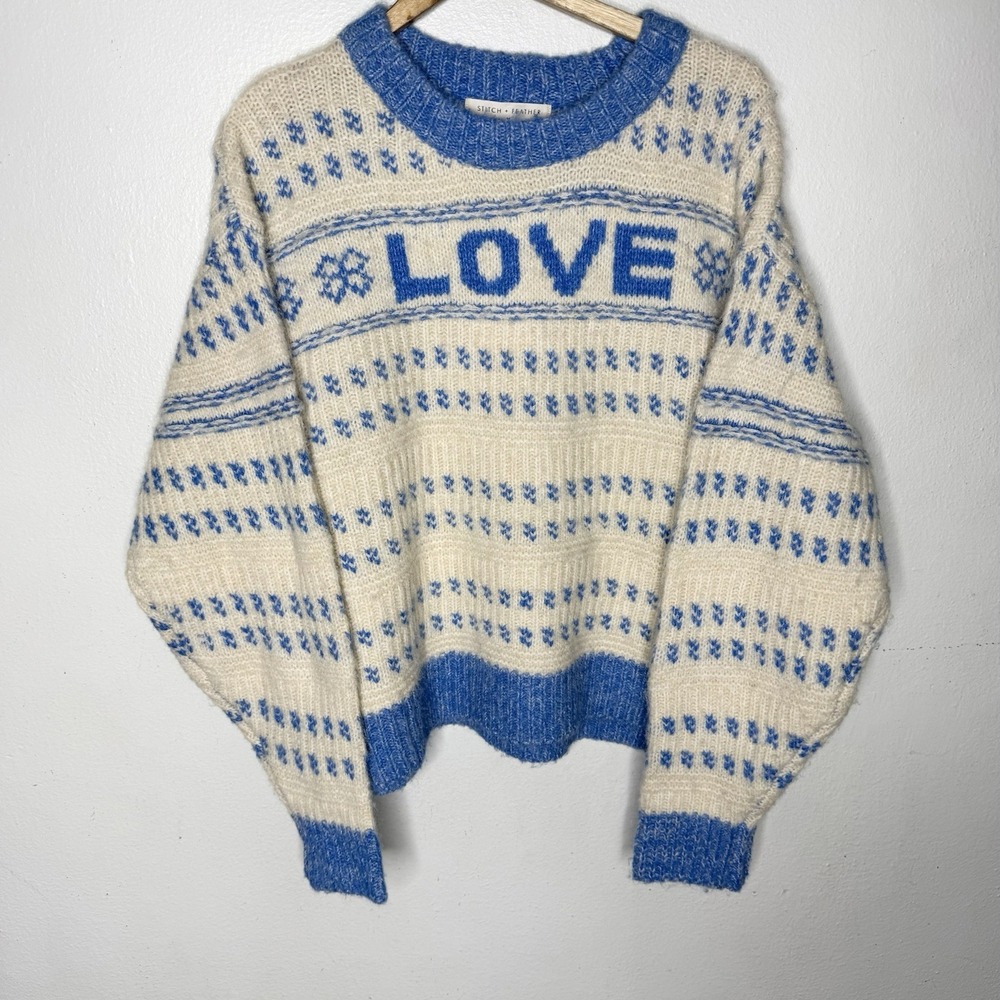 New Stitch And Feather Love Contrast Color Blue Sweater Winter Women's Medium